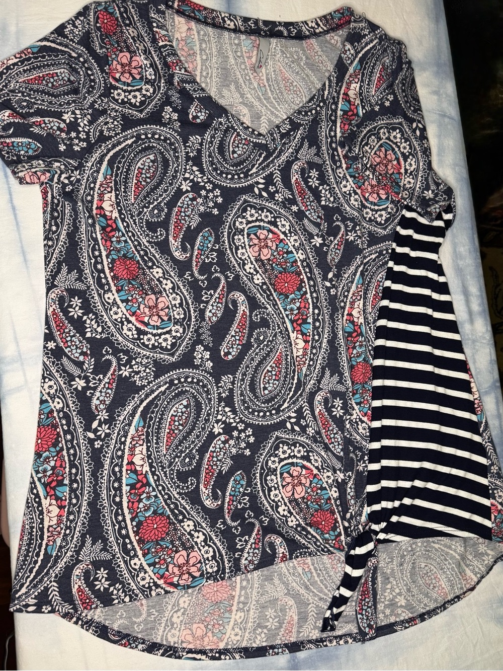 Celeste Navy Paisley V-Neck Short Sleeve Top with Pink & Teal Accents